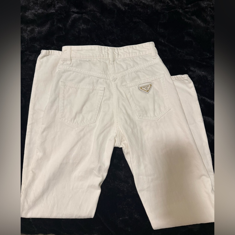 Prada White Jeans with Gold Triangle Logo